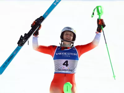 Alpine Skiing - FIS Alpine World Ski Championships - Women's Slalom - Saalbach, Austria - February 15, 2025 Switzerland's Camille Rast celebrates after winning REUTERS/Lisi Niesner