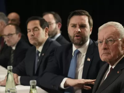 From right, U.S. Special Envoy Keith Kellogg, United States Vice-President JD Vance and United States Secretary of State Marco Rubio meet with Ukraine's President Volodymyr Zelenskyy on the sidelines of the Munich Security Conference in Munich, Germany, Friday, Feb. 14, 2025. (AP Photo/Matthias Schrader)