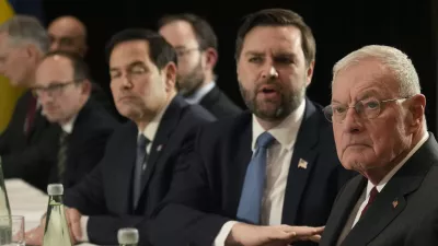 From right, U.S. Special Envoy Keith Kellogg, United States Vice-President JD Vance and United States Secretary of State Marco Rubio meet with Ukraine's President Volodymyr Zelenskyy on the sidelines of the Munich Security Conference in Munich, Germany, Friday, Feb. 14, 2025. (AP Photo/Matthias Schrader)