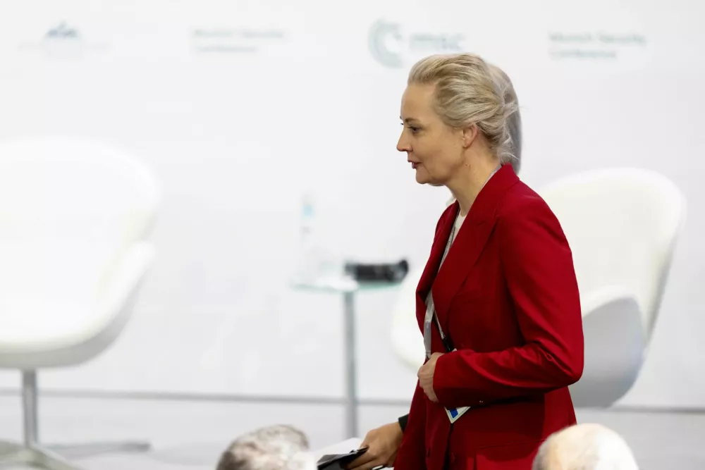 15 February 2025, Bavaria, Munich: Yulia Navalnaya, widow of late Russian opposition figure Alexei Navalny, attends asession of the 61st Munich Security Conference (MSC) at the Bayerischer Hof conference hotel. Photo: Andreas Stroh/ZUMA Press Wire/dpa