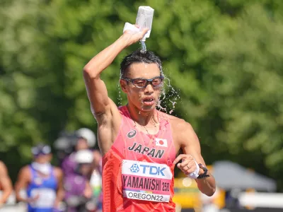 FILED - 15 July 2022, US, Eugene: Japanese athlete Toshikazu Yamanishi competes in the Men's 20 Kilometres Race Walk at the 2022 World Athletics Championshps in Oregon. Yamanishi smashed the men's world 20 kilometre race walk record on Sunday at the Japanese 20km race walking championship in Kobe. Photo: Michael Kappeler/dpa