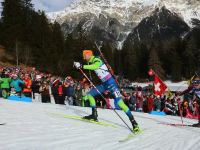 Winter Sports - Biathlon World Championships - Men 12.5km Pursuit - Lenzerheide, Switzerland - February 16, 2025 Slovenia's Jakov Fak in action during the Men 12.5km Pursuit REUTERS/Denis Balibouse