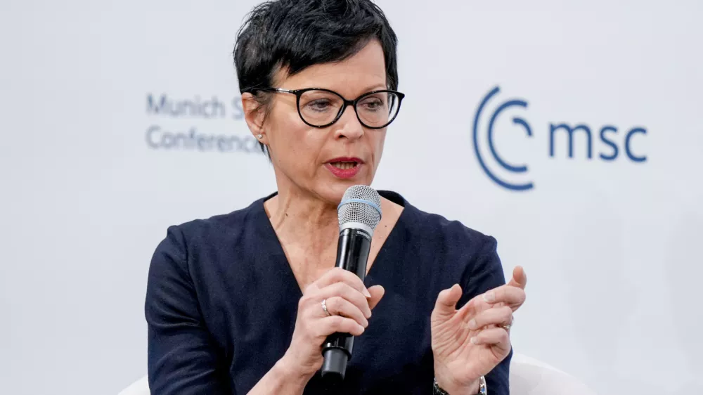 Marta Kos, Commissioner for enlargement of the European Commission speaks as part of a panel discussion during the Munich Security Conference at the Bayerischer Hof Hotel in Munich, Germany, Sunday, Feb. 16, 2025. (AP Photo/Matthias Schrader)