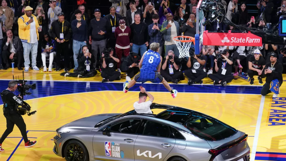 Feb 15, 2025; San Francisco, CA, USA; Osceola Magic guard Mac McClung competes in the slam dunk competition during All Star Saturday Night ahead of the 2025 NBA All Star Game at Chase Center. Mandatory Credit: Cary Edmondson-Imagn Images