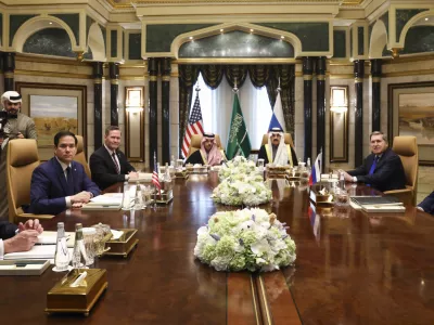 U.S. Secretary of State Marco Rubio, second left, meets with Saudi Foreign Minister Prince Faisal bin Farhan Al Saud, Saudi National Security Advisor Mosaad bin Mohammad Al-Aiban, U.S. National Security Advisor Mike Waltz, third left, U.S. Middle East envoy Steve Witkoff, left, Russian Foreign Minister Sergei Lavrov, right, and Russian President Vladimir Putin's foreign policy advisor Yuri Ushakov, second right, at Diriyah Palace, in Riyadh, Saudi Arabia, Tuesday Feb. 18, 2025. (Evelyn Hockstein/Pool Photo via AP)