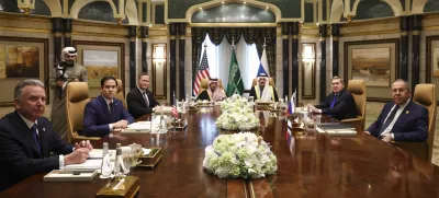 U.S. Secretary of State Marco Rubio, second left, meets with Saudi Foreign Minister Prince Faisal bin Farhan Al Saud, Saudi National Security Advisor Mosaad bin Mohammad Al-Aiban, U.S. National Security Advisor Mike Waltz, third left, U.S. Middle East envoy Steve Witkoff, left, Russian Foreign Minister Sergei Lavrov, right, and Russian President Vladimir Putin's foreign policy advisor Yuri Ushakov, second right, at Diriyah Palace, in Riyadh, Saudi Arabia, Tuesday Feb. 18, 2025. (Evelyn Hockstein/Pool Photo via AP)