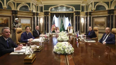 U.S. Secretary of State Marco Rubio, second left, meets with Saudi Foreign Minister Prince Faisal bin Farhan Al Saud, Saudi National Security Advisor Mosaad bin Mohammad Al-Aiban, U.S. National Security Advisor Mike Waltz, third left, U.S. Middle East envoy Steve Witkoff, left, Russian Foreign Minister Sergei Lavrov, right, and Russian President Vladimir Putin's foreign policy advisor Yuri Ushakov, second right, at Diriyah Palace, in Riyadh, Saudi Arabia, Tuesday Feb. 18, 2025. (Evelyn Hockstein/Pool Photo via AP)