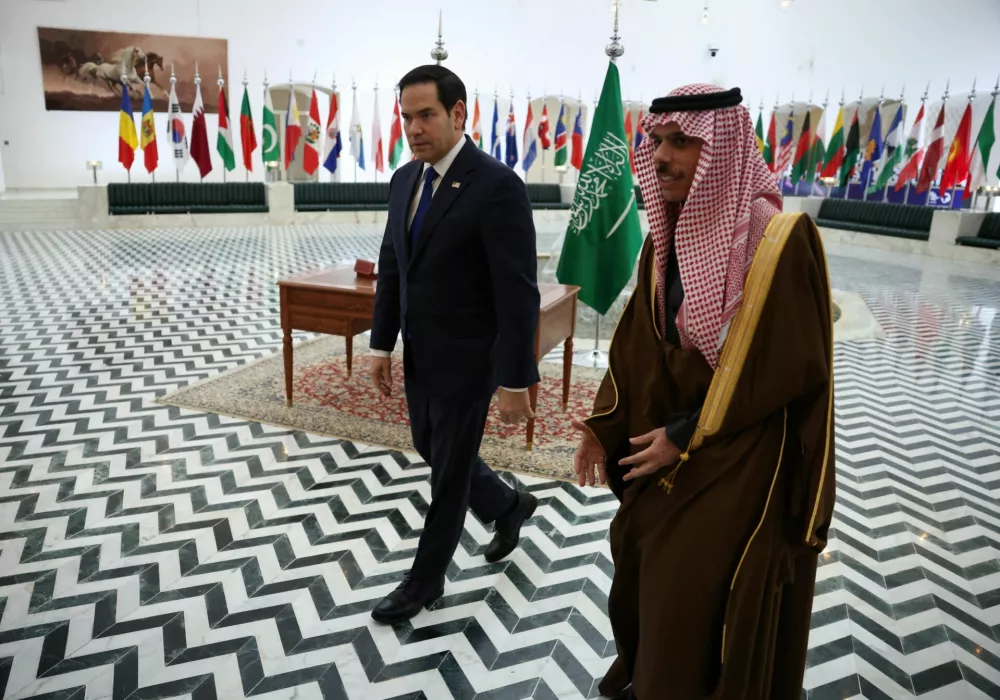 U.S. Secretary of State Marco Rubio meets with Saudi Foreign Minister Prince Faisal bin Farhan Al Saud, in Riyadh, Saudi Arabia, February 17, 2025. REUTERS/Evelyn Hockstein/Pool