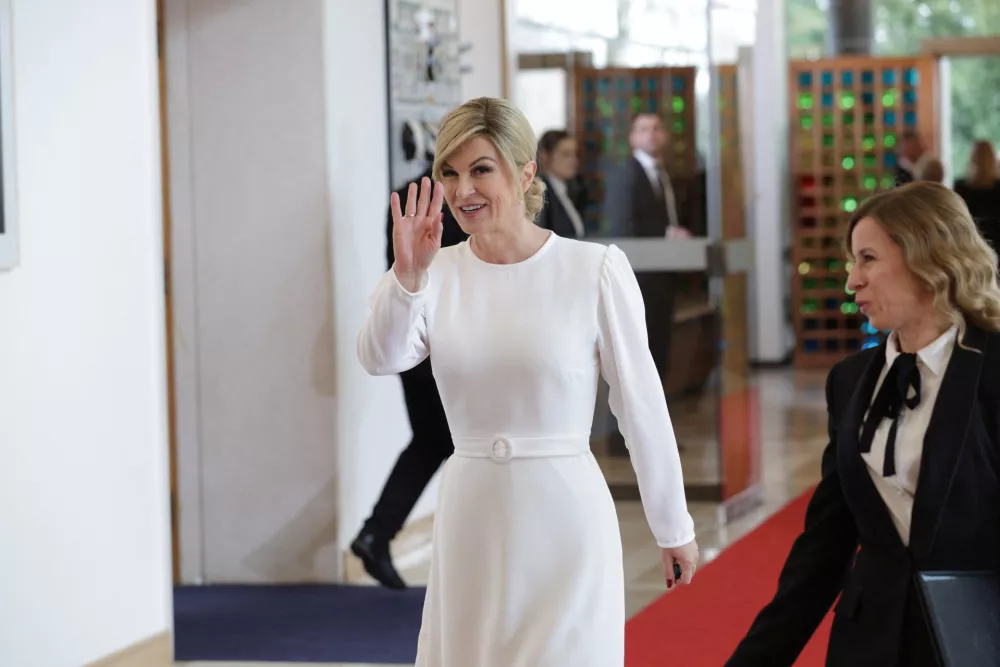 Croatia's former President Kolinda Grabar-Kitarovic?arrives at current President Zoran Milanovic's swearing-in ceremony held at the Presidential Palace in Zagreb, Croatia, February 18, 2025. Lana Slivar Dominic/Pool via REUTERS