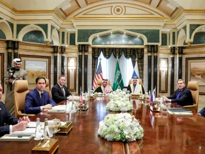 U.S. Secretary of State Marco Rubio meets with Saudi Foreign Minister Prince Faisal bin Farhan Al Saud, Saudi National Security Advisor Mosaad bin Mohammad Al-Aiban, U.S. National Security Advisor Mike Waltz, U.S. Middle East envoy Steve Witkoff, Russian Foreign Minister Sergei Lavrov and Russian President Vladimir Putin's foreign policy advisor Yuri Ushakov, at Diriyah Palace, in Riyadh, Saudi Arabia, February 18, 2025. REUTERS/Evelyn Hockstein/Pool