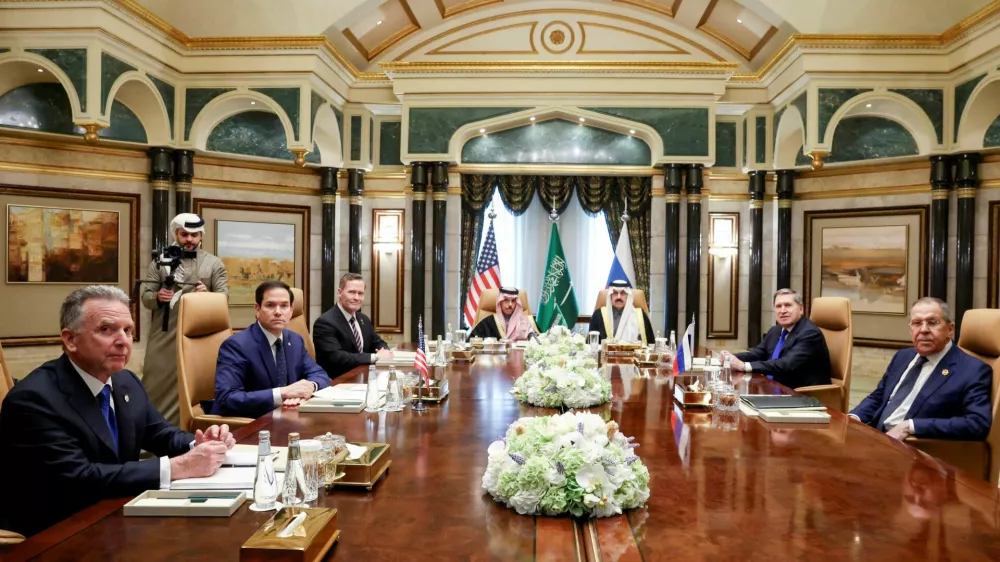 U.S. Secretary of State Marco Rubio meets with Saudi Foreign Minister Prince Faisal bin Farhan Al Saud, Saudi National Security Advisor Mosaad bin Mohammad Al-Aiban, U.S. National Security Advisor Mike Waltz, U.S. Middle East envoy Steve Witkoff, Russian Foreign Minister Sergei Lavrov and Russian President Vladimir Putin's foreign policy advisor Yuri Ushakov, at Diriyah Palace, in Riyadh, Saudi Arabia, February 18, 2025. REUTERS/Evelyn Hockstein/Pool