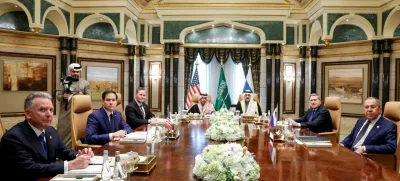 U.S. Secretary of State Marco Rubio meets with Saudi Foreign Minister Prince Faisal bin Farhan Al Saud, Saudi National Security Advisor Mosaad bin Mohammad Al-Aiban, U.S. National Security Advisor Mike Waltz, U.S. Middle East envoy Steve Witkoff, Russian Foreign Minister Sergei Lavrov and Russian President Vladimir Putin's foreign policy advisor Yuri Ushakov, at Diriyah Palace, in Riyadh, Saudi Arabia, February 18, 2025. REUTERS/Evelyn Hockstein/Pool