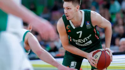 Gregor Glas in action during ABA League 2024/2025 basketball match between Cedevita Olimpija and Krka in Ljubljana, Slovenia on January 5, 2025