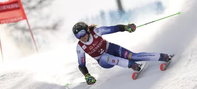 Italy's Federica Brignone speeds down the course during an alpine ski, women's World Cup giant slalom in Sestriere, Italy, Friday, Feb. 21, 2025. (AP Photo/Marco Trovati)