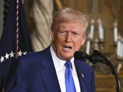 President Donald Trump speaks at Mar-a-Lago in Palm Beach, Fla., Tuesday, Feb. 18, 2025. (Pool via AP)