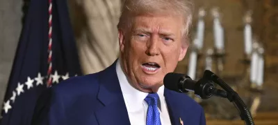 President Donald Trump speaks at Mar-a-Lago in Palm Beach, Fla., Tuesday, Feb. 18, 2025. (Pool via AP)