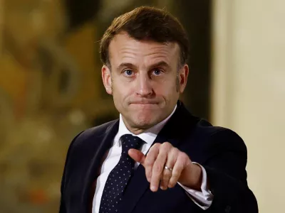 French President Emmanuel Macron gestures after a meeting with European leaders on Ukraine and European security at the Elysee Palace in Paris, France, February 17, 2025. REUTERS/Gonzalo Fuentes