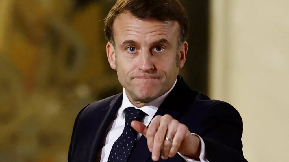 French President Emmanuel Macron gestures after a meeting with European leaders on Ukraine and European security at the Elysee Palace in Paris, France, February 17, 2025. REUTERS/Gonzalo Fuentes