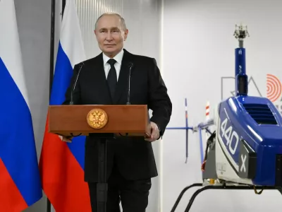 Russian President Vladimir Putin delivers a speech during a ceremony to present the Order of Alexander Nevsky to the staff of the Radar MMS research and production enterprise in Saint Petersburg, Russia February 19, 2025. Sputnik/Kristina Kormilitsyna/Pool via REUTERS ATTENTION EDITORS - THIS IMAGE WAS PROVIDED BY A THIRD PARTY.