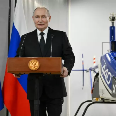 Russian President Vladimir Putin delivers a speech during a ceremony to present the Order of Alexander Nevsky to the staff of the Radar MMS research and production enterprise in Saint Petersburg, Russia February 19, 2025. Sputnik/Kristina Kormilitsyna/Pool via REUTERS ATTENTION EDITORS - THIS IMAGE WAS PROVIDED BY A THIRD PARTY.