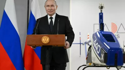 Russian President Vladimir Putin delivers a speech during a ceremony to present the Order of Alexander Nevsky to the staff of the Radar MMS research and production enterprise in Saint Petersburg, Russia February 19, 2025. Sputnik/Kristina Kormilitsyna/Pool via REUTERS ATTENTION EDITORS - THIS IMAGE WAS PROVIDED BY A THIRD PARTY.