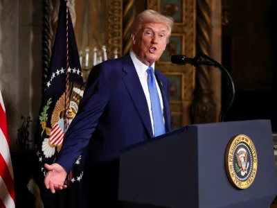 U.S. President Donald Trump speaks at Mar-a-Lago in Palm Beach, Florida, U.S., February 18, 2025. REUTERS/Kevin Lamarque