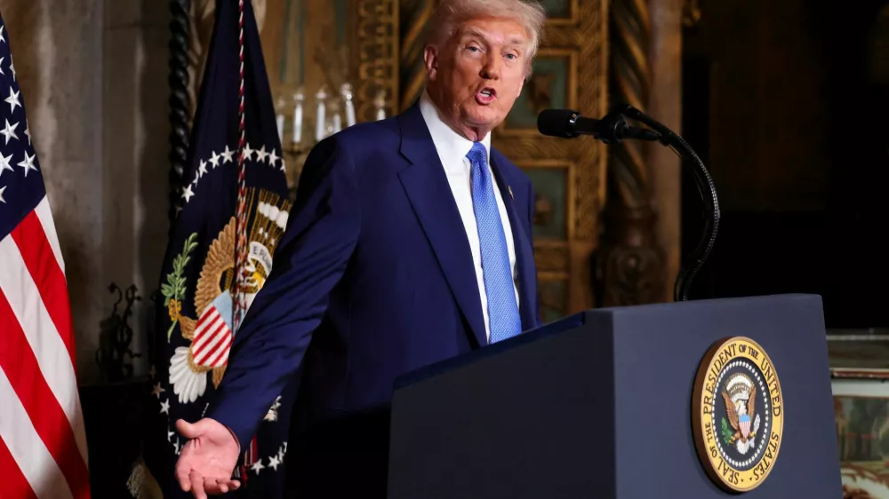 U.S. President Donald Trump speaks at Mar-a-Lago in Palm Beach, Florida, U.S., February 18, 2025. REUTERS/Kevin Lamarque