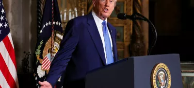 U.S. President Donald Trump speaks at Mar-a-Lago in Palm Beach, Florida, U.S., February 18, 2025. REUTERS/Kevin Lamarque