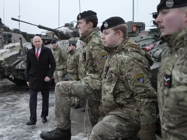 Defence Secretary John Healey meets British personnel at the Tapa military base, where some 900 British troops are deployed this Christmas, defending NATO's eastern flank, in Estonia, December 19, 2024. Stefan Rousseau/Pool via REUTERS