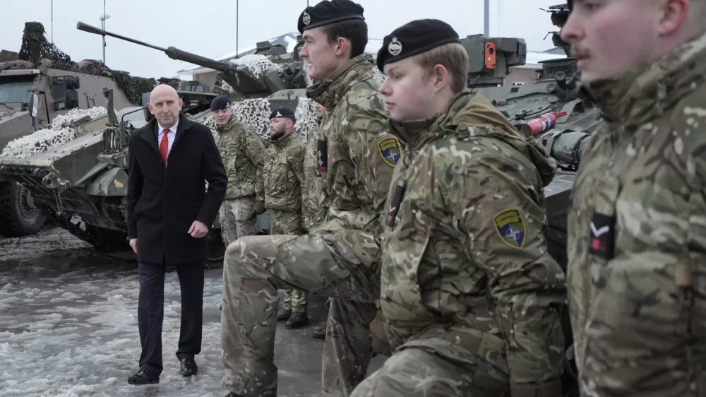 Defence Secretary John Healey meets British personnel at the Tapa military base, where some 900 British troops are deployed this Christmas, defending NATO's eastern flank, in Estonia, December 19, 2024. Stefan Rousseau/Pool via REUTERS