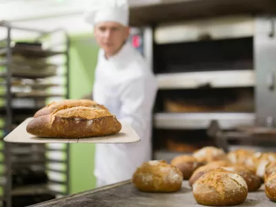 Baker of small bakery holding hot bread on shovel just from oven, showing good quality of product / Foto: Jackf