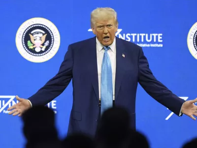 President Donald Trump speaks at the Future Investment Initiative (FII) Institute summit in Miami Beach, Fla., Wednesday, Feb. 19, 2025. (AP Photo/Rebecca Blackwell)