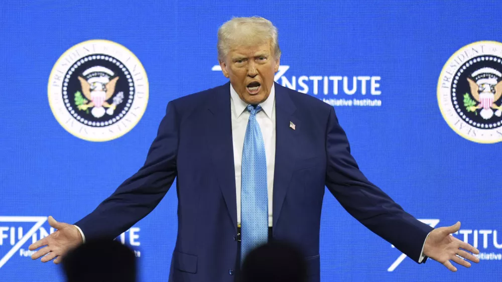 President Donald Trump speaks at the Future Investment Initiative (FII) Institute summit in Miami Beach, Fla., Wednesday, Feb. 19, 2025. (AP Photo/Rebecca Blackwell)