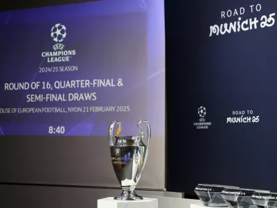 Soccer Football - Champions League - Round of 16, Quarter-Final, Semi-Final and Final draws - UEFA Headquarters, Nyon, Switzerland - February 21, 2025 The Champions League trophy is displayed before the start of the draw REUTERS/Pierre Albouy