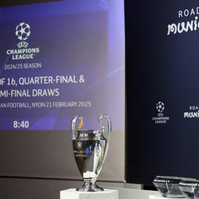 Soccer Football - Champions League - Round of 16, Quarter-Final, Semi-Final and Final draws - UEFA Headquarters, Nyon, Switzerland - February 21, 2025 The Champions League trophy is displayed before the start of the draw REUTERS/Pierre Albouy