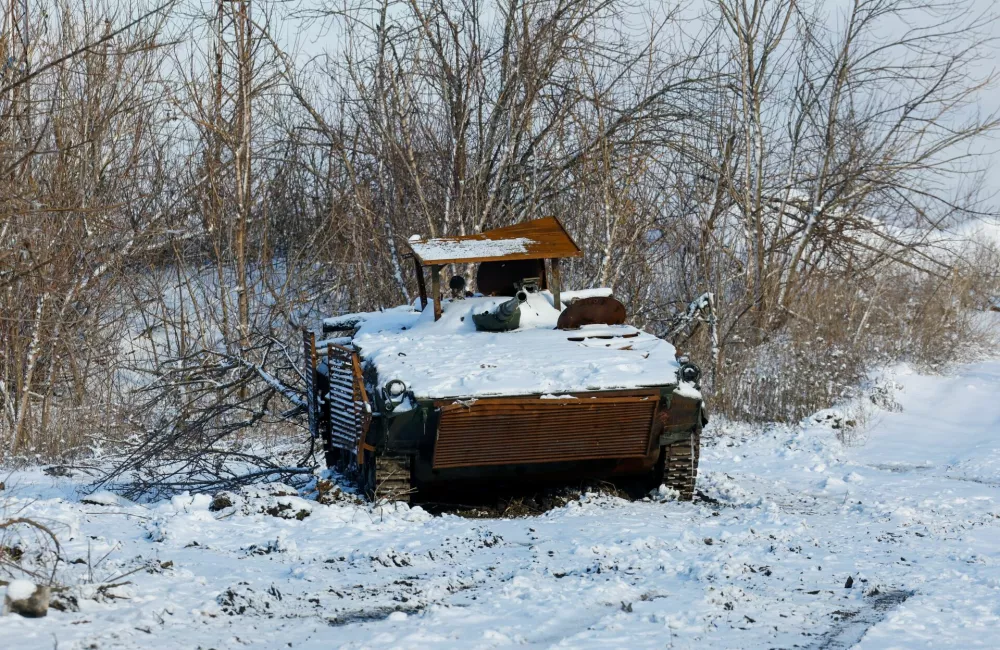 A view shows a burnt armoured personnel carrier destroyed in the course of Russia-Ukraine conflict in Avdiivka (Avdeyevka), a Russian controlled region of Ukraine, February 16, 2025. REUTERS/Alexander Ermochenko