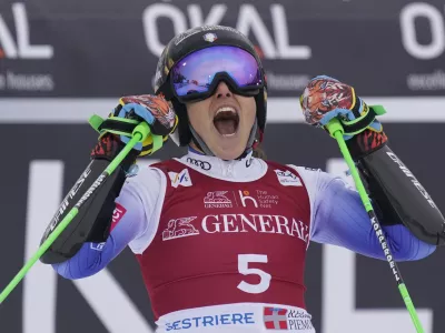 Italy's Federica Brignone reacts after completing an alpine ski, women's World Cup giant slalom, in Sestriere, Italy, Saturday, Feb. 22, 2025. (AP Photo/Piermarco Tacca)