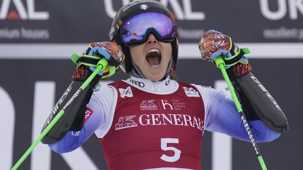 Italy's Federica Brignone reacts after completing an alpine ski, women's World Cup giant slalom, in Sestriere, Italy, Saturday, Feb. 22, 2025. (AP Photo/Piermarco Tacca)