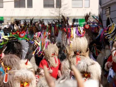 Participants dressed in costumes perform at the traditional festival Kurentovanje in Ptuj, Slovenia, February 22, 2025. REUTERS/Borut Zivulovic