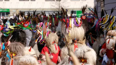 Participants dressed in costumes perform at the traditional festival Kurentovanje in Ptuj, Slovenia, February 22, 2025. REUTERS/Borut Zivulovic