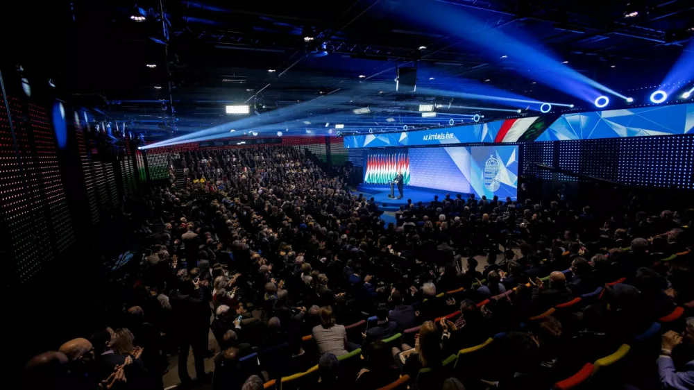 Hungarian Prime Minister Viktor Orban delivers his annual State of the Nation speech, in Budapest, Hungary, February 22, 2025. MTI/PM Office/Zoltan Fischer/Pool via REUTERS