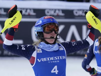 United States' Mikaela Shiffrin reacts after winning an alpine ski, women's World Cup slalom, in Sestriere, Italy, Sunday, Feb. 23, 2025. (AP Photo/Piermarco Tacca)