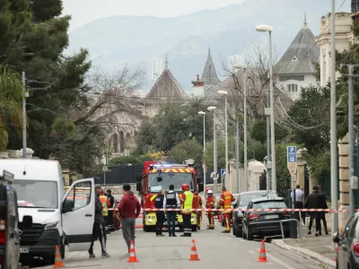 French firefighters and rescue forces work near the entrance of the Russian consulate in Marseille after the consul general confirmed there had been an explosion, in Marseille, France, February 25, 2025. REUTERS/Stringer