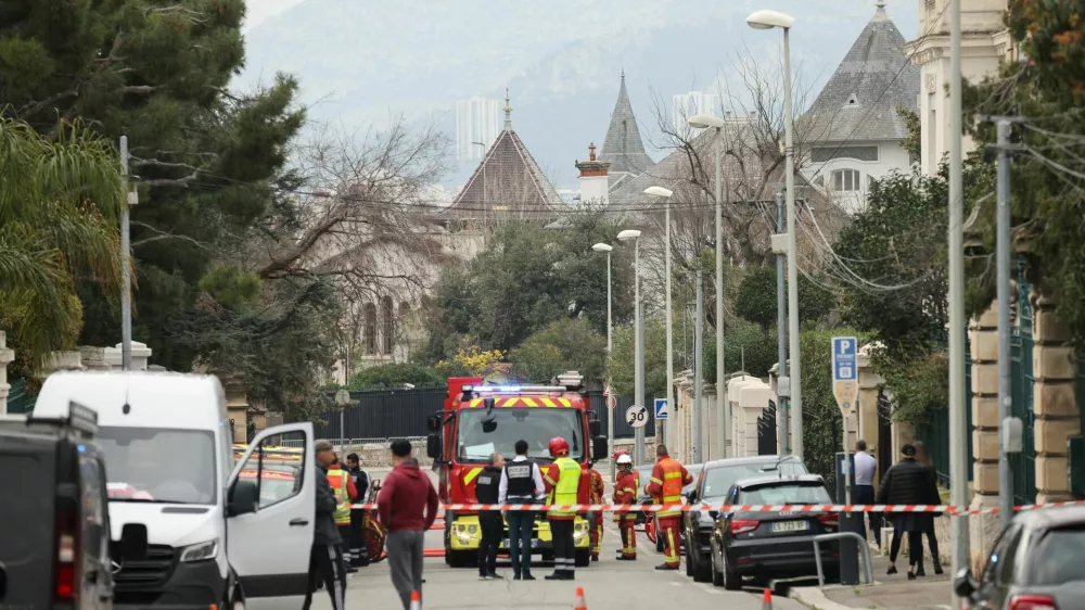 French firefighters and rescue forces work near the entrance of the Russian consulate in Marseille after the consul general confirmed there had been an explosion, in Marseille, France, February 25, 2025. REUTERS/Stringer