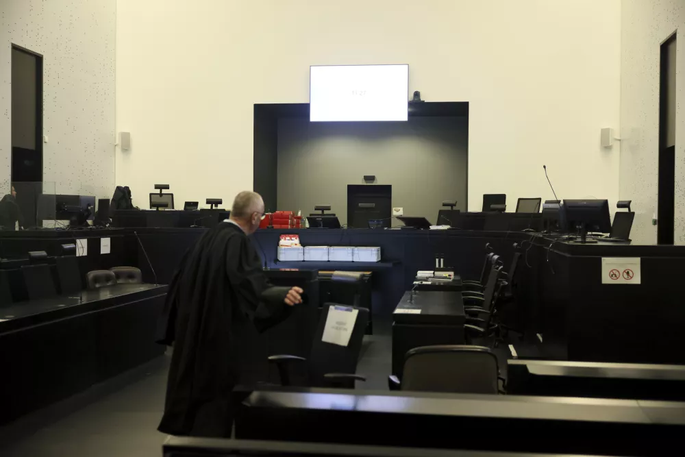 The Vannes courthouse, western France, is pictured on the opening day of the trial of French surgeon Joel Le Scouarnec accused of raping or abusing 299 people, mostly child patients, Monday, Feb. 24, 2025. (AP Photo/Thomas Padilla)