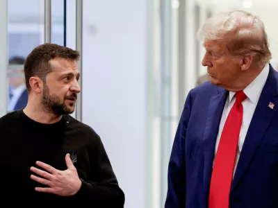 FILE PHOTO: Republican presidential nominee and former U.S. President Donald Trump and Ukraine's President Volodymyr Zelenskiy meet at Trump Tower in New York City, U.S., September 27, 2024. REUTERS/Shannon Stapleton/File Photo