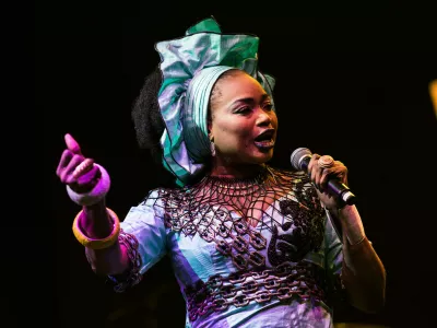 JMMH45 WOMAD Festival, Charlton Park, Wiltshire, UK. 28th July 2017. Malian singer Oumou Sangare performs live on the Open Air Stage at WOMAD, as the rain starts to poor. Credit: Francesca Moore/Alamy Live News