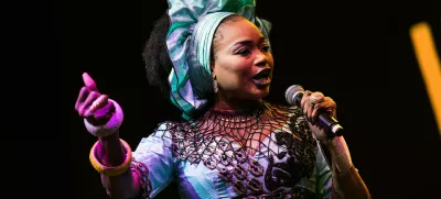 JMMH45 WOMAD Festival, Charlton Park, Wiltshire, UK. 28th July 2017. Malian singer Oumou Sangare performs live on the Open Air Stage at WOMAD, as the rain starts to poor. Credit: Francesca Moore/Alamy Live News