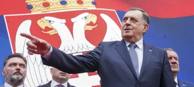 Bosnian Serb President Milorad Dodik speaks after a court sentenced him to one year in prison and banned him from engaging in politics for six years over his separatist actions, during a rally in the Bosnian town of Banja Luka, 240 kms northwest of Sarajevo, Wednesday, Feb. 26, 2025. (AP Photo/Radivoje Pavicic)