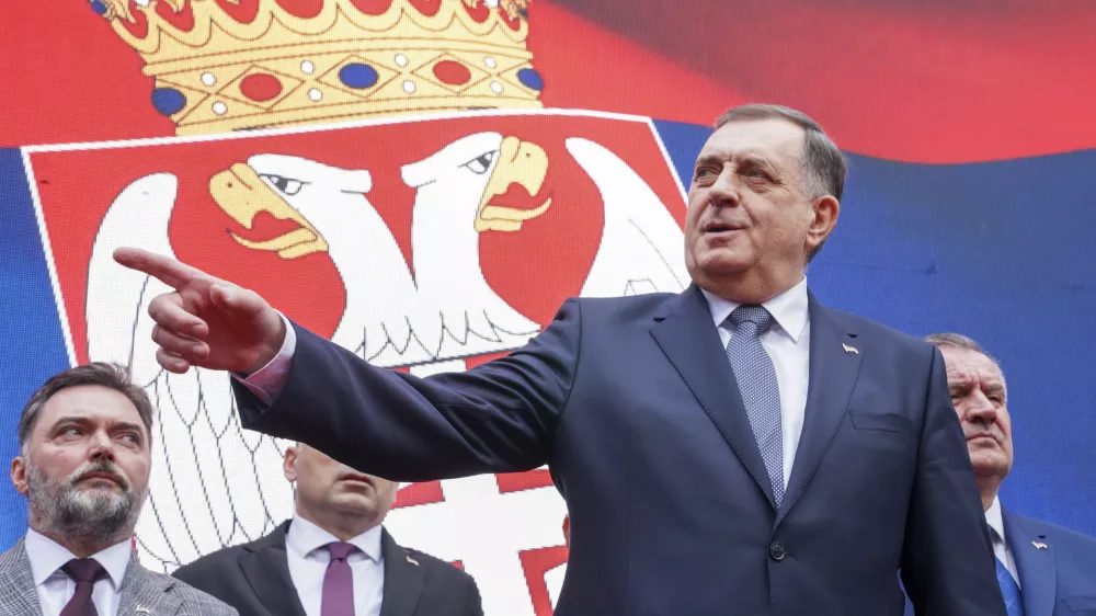 Bosnian Serb President Milorad Dodik speaks after a court sentenced him to one year in prison and banned him from engaging in politics for six years over his separatist actions, during a rally in the Bosnian town of Banja Luka, 240 kms northwest of Sarajevo, Wednesday, Feb. 26, 2025. (AP Photo/Radivoje Pavicic)